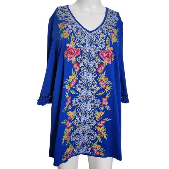 Calessa Women's Tunic Blue Embroidered Shirt Large 3/4 Sleeves Bohemian Top NEW - Picture 5 of 9